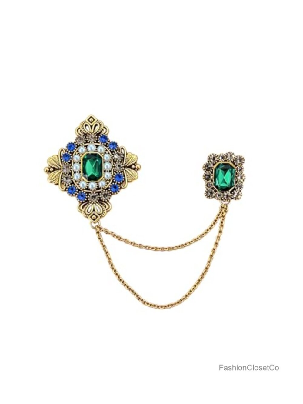 Vintage Rhinestone Chain Brooch Gold Tone Double Pin Retro Collar Lapel Pin